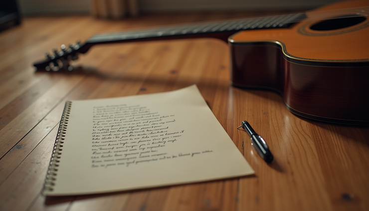 Eye-level view of a guitar resting on a wooden floor beside a sheet of handwritten lyrics