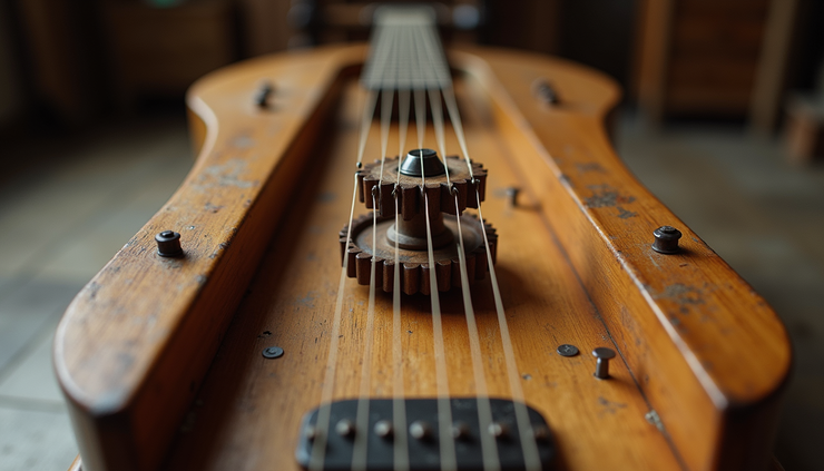 Eye-level view of a colorful hurdy-gurdy with wooden gears and strings