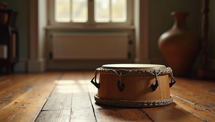 Eye-level view of traditional African drum on wooden floor
