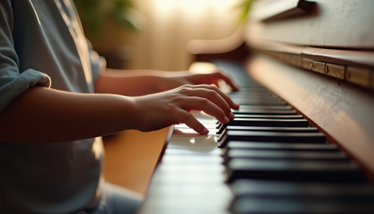 Eye-level view of a child playing piano keys with focused attention