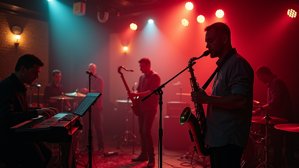 High-angle view of a vibrant jazz club during a live performance