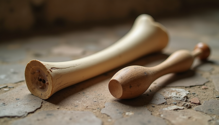 Close-up view of ancient musical instruments carved from bone and wood