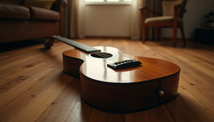 Close-up view of a vintage guitar resting on a wooden floor