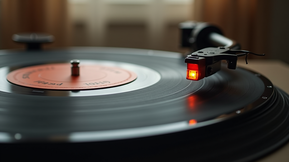 Close-up view of a vinyl record spinning on a turntable