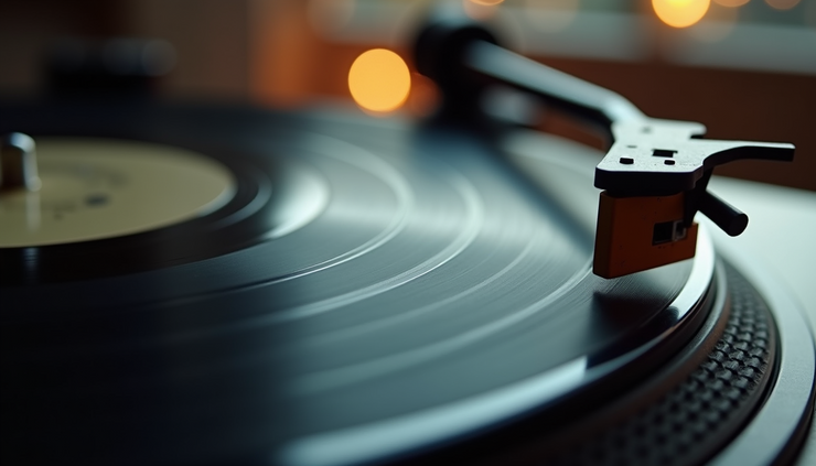 Close-up view of a vinyl record spinning on a turntable