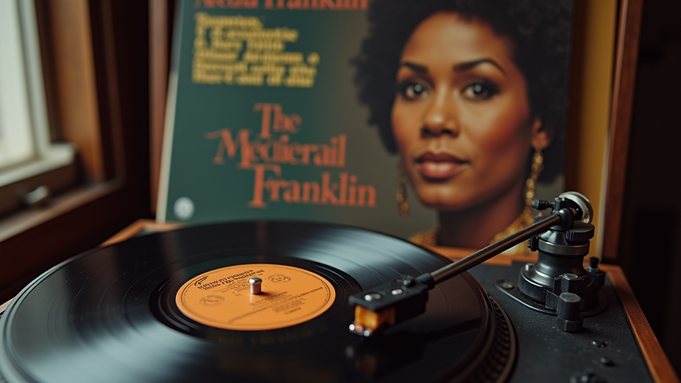 Eye-level view of a vintage record player with Aretha Franklin's album cover