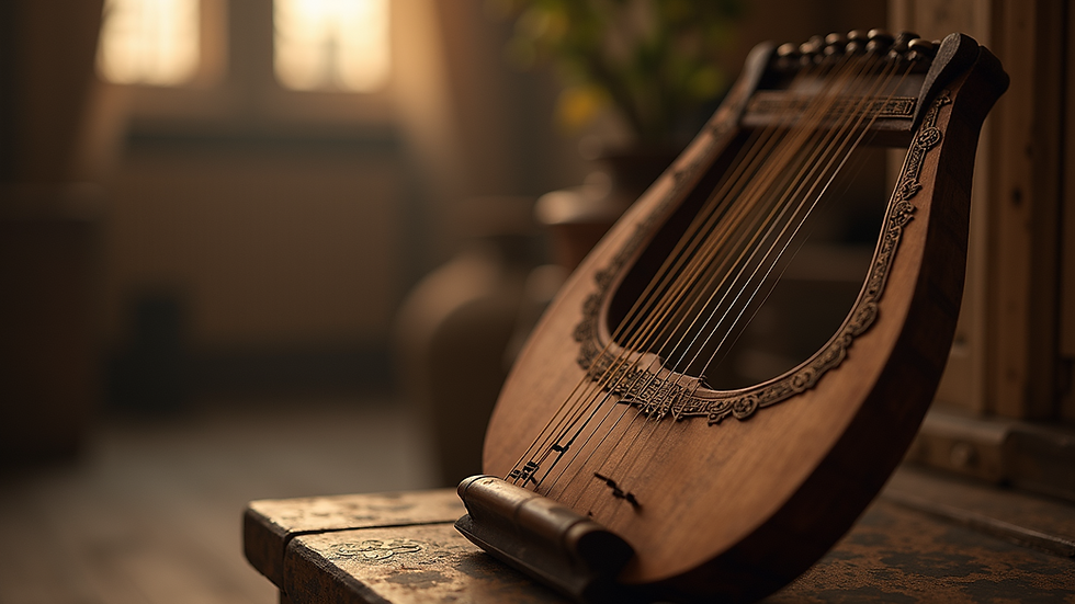 Eye-level view of a lyre, an ancient string instrument