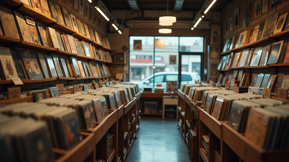 Eye-level view of a vintage record store filled with vinyl records