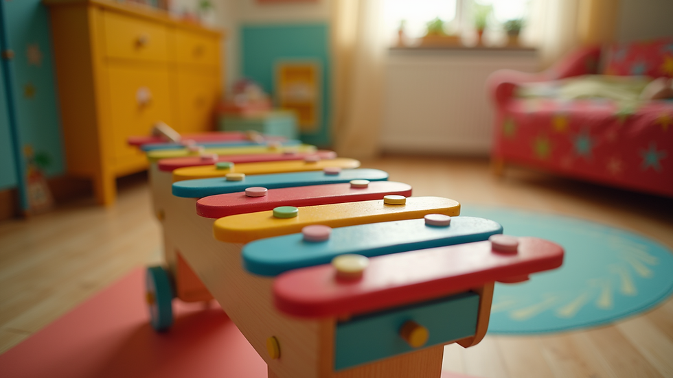 Close-up view of a xylophone with colorful bars