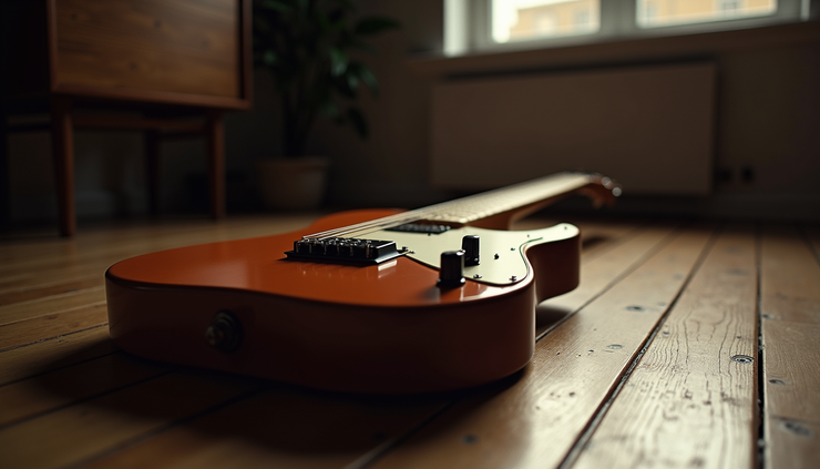 Eye-level view of a classic electric guitar resting on a wooden floor