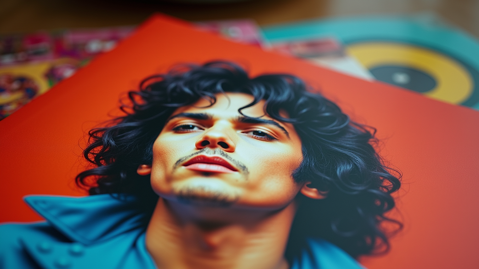 Close-up view of a colorful album cover featuring David Bowie's iconic persona