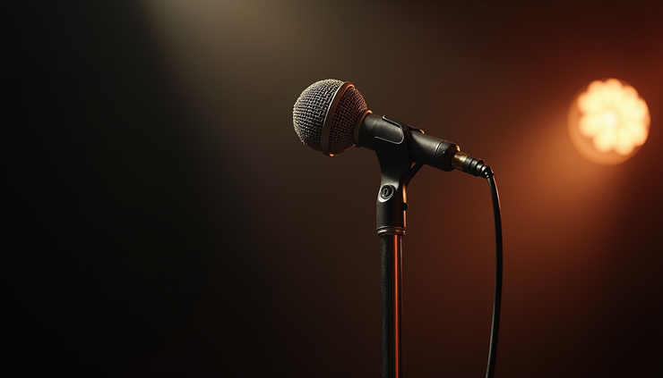 Eye-level view of a vintage microphone on a stage with soft spotlight