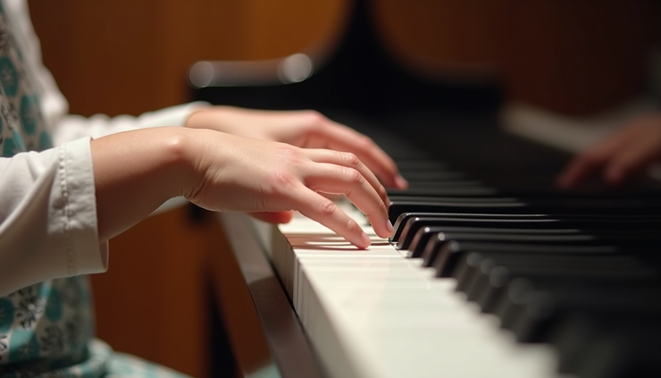 Close-up of a child confidently playing piano keys during a recital