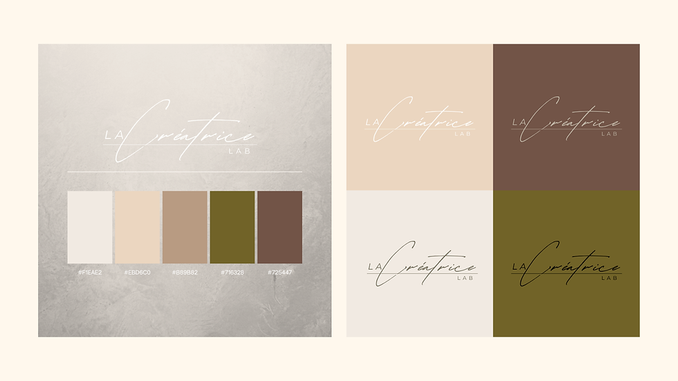 La Créatrice Lab logo design — handwritten signature logotype and structured LAB typography on dark cocoa background, founder brand identity by La Créatrice Lab