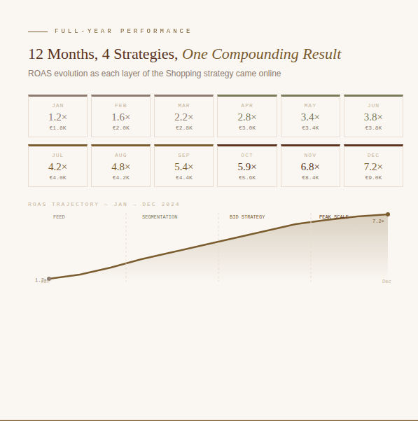 Google Shopping Ads case study — feed optimisation, product tier ROAS, and 12-month growth from 1.2× to 7.2× 