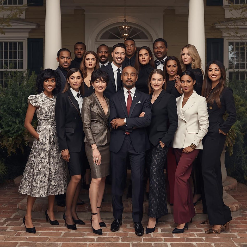 Stylish high-fashion photography, medium shot, of a diverse group of realtors in sophistic