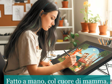 Illustratrice digitale al lavoro su tavoletta grafica. Testo sovrapposto: Fatto a mano, col cuore di mamma.