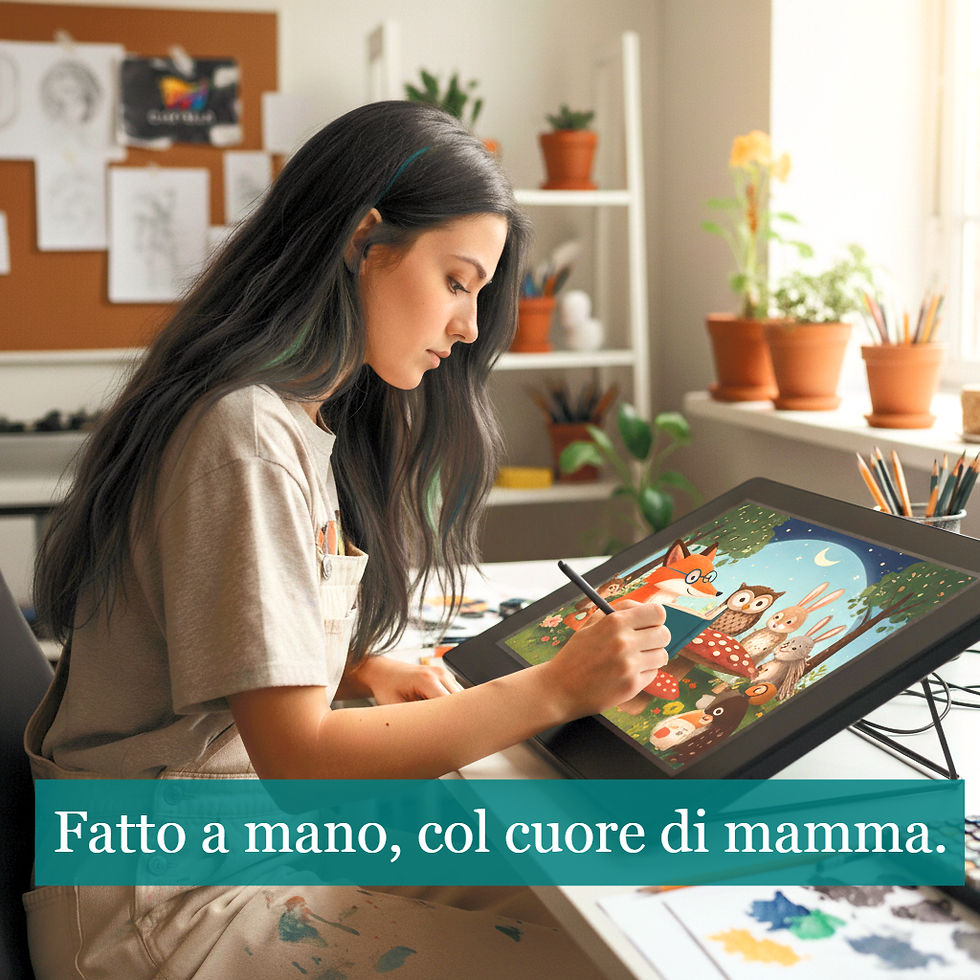 Illustratrice digitale al lavoro su tavoletta grafica che disegna animali del bosco. Testo sovrapposto: Fatto a mano, col cuore di mamma.