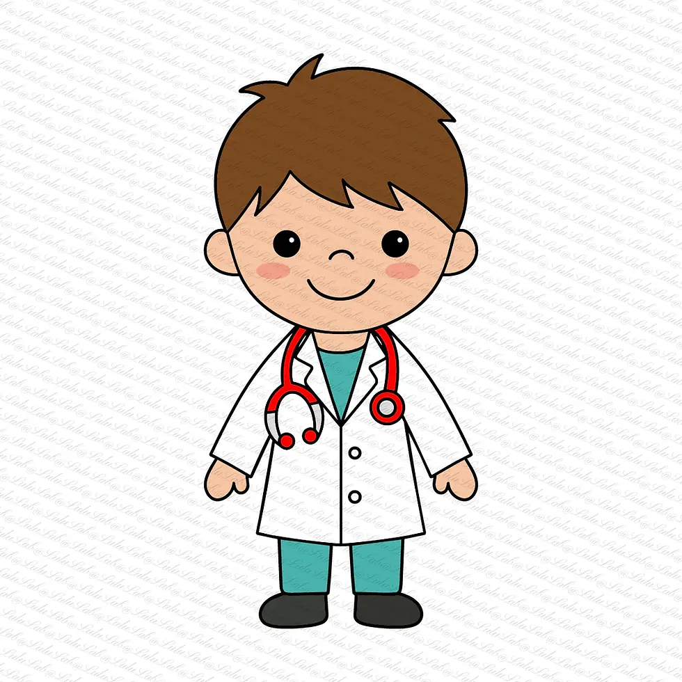 Smiling boy doctor in white coat. Graphic from the Kids Doctor Clipart Set.