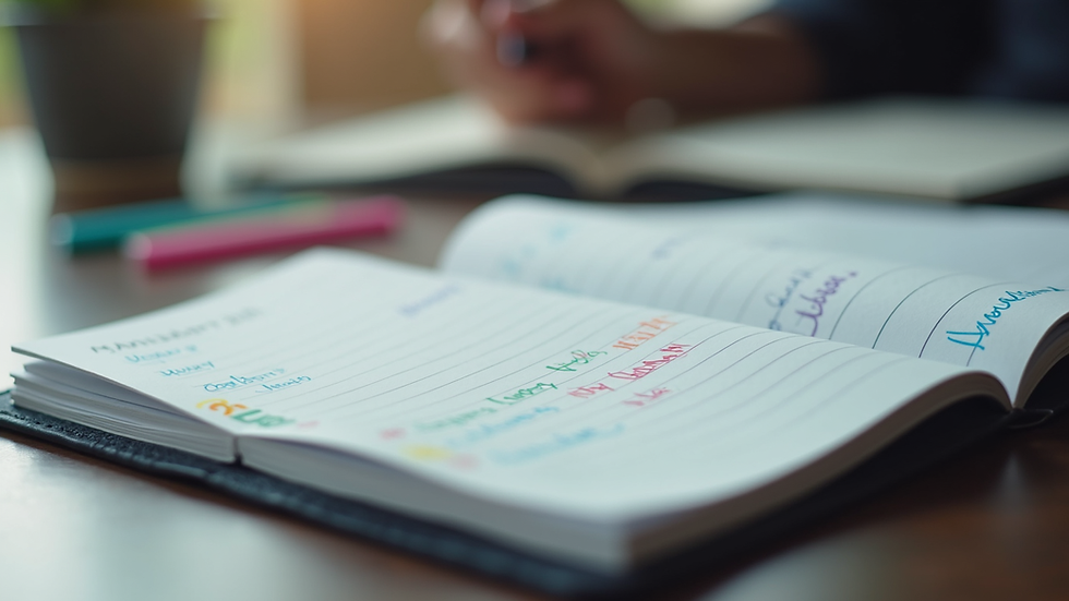 Eye-level view of a digital planner open on a tablet with colorful notes