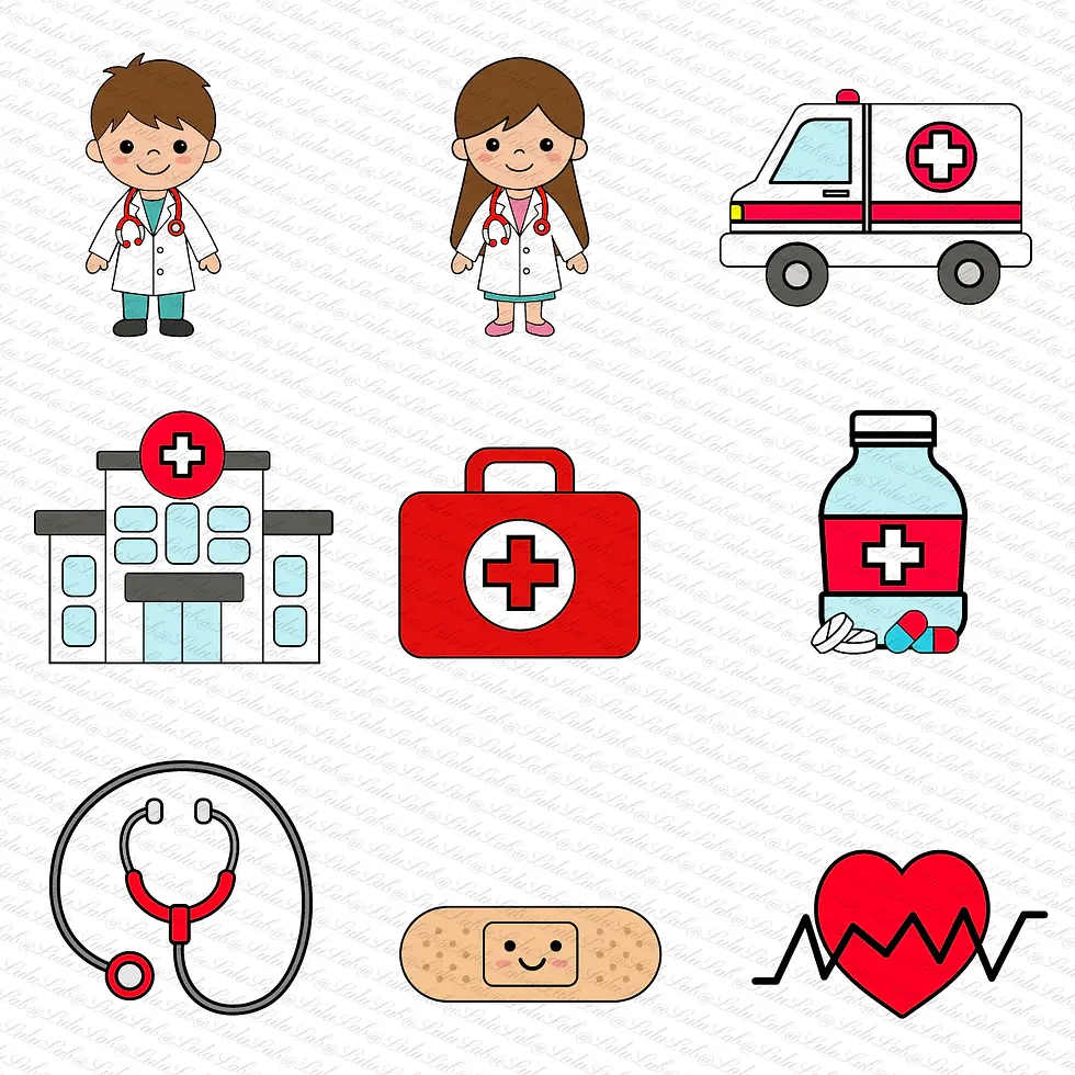 Full sheet of the Kids Doctor Clipart Set with all medical vector elements for kids.