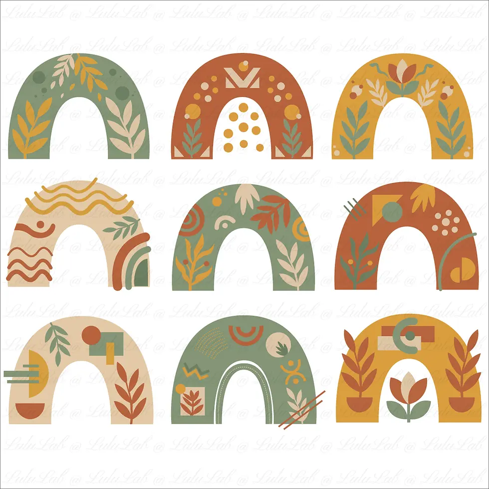 Master sheet della collezione Boho Earthy Rainbow Arches SVG con tutti i 10 elementi grafici coordinati.