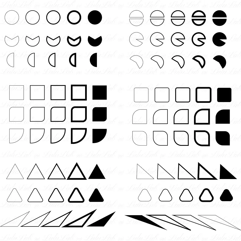 Complete bundle of 89 basic vector geometric shapes for graphic design, including circles, squares, and triangles.