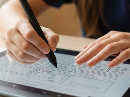 Mani che tracciano wireframe strategici su tablet con penna digitale. Testo sovrapposto: "Non è solo Design, è Strategia".