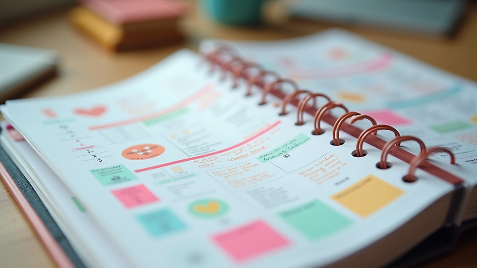 Close-up view of a colorful digital planner with stickers and notes