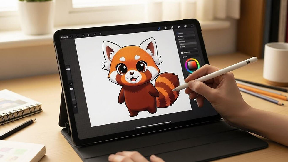 Mani che disegnano un'illustrazione di un panda rosso su tablet con penna digitale.