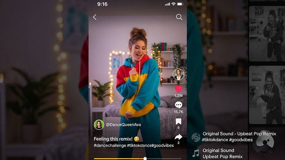 Interfaccia utente di un video social verticale (stile TikTok o Reels) che mostra metriche di engagement, hashtag e traccia audio in evidenza.
