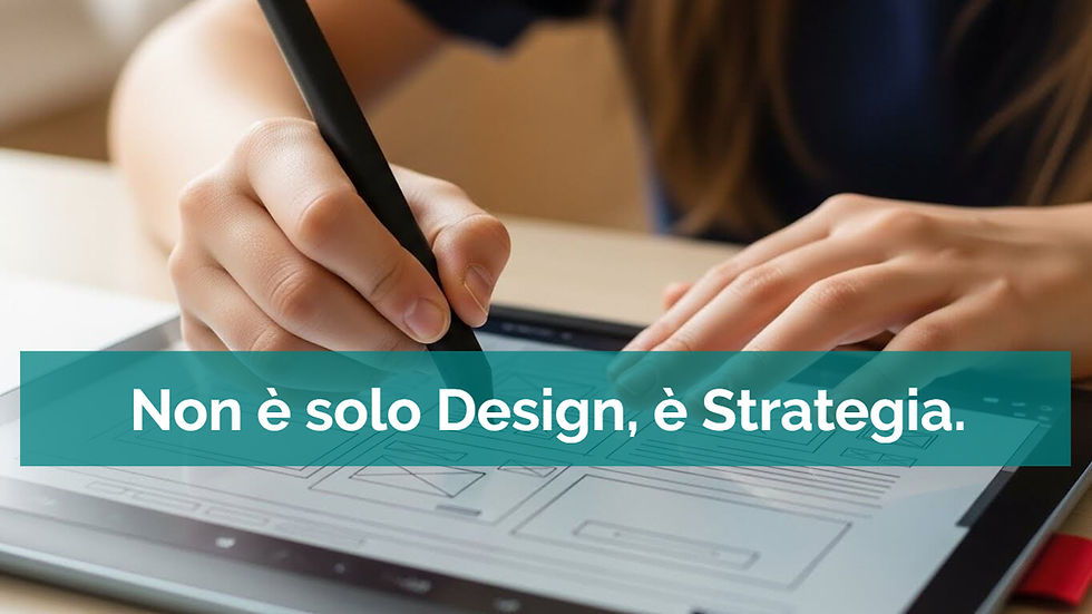 Mani che tracciano wireframe strategici su tablet con penna digitale. Testo sovrapposto: "Non è solo Design, è Strategia".