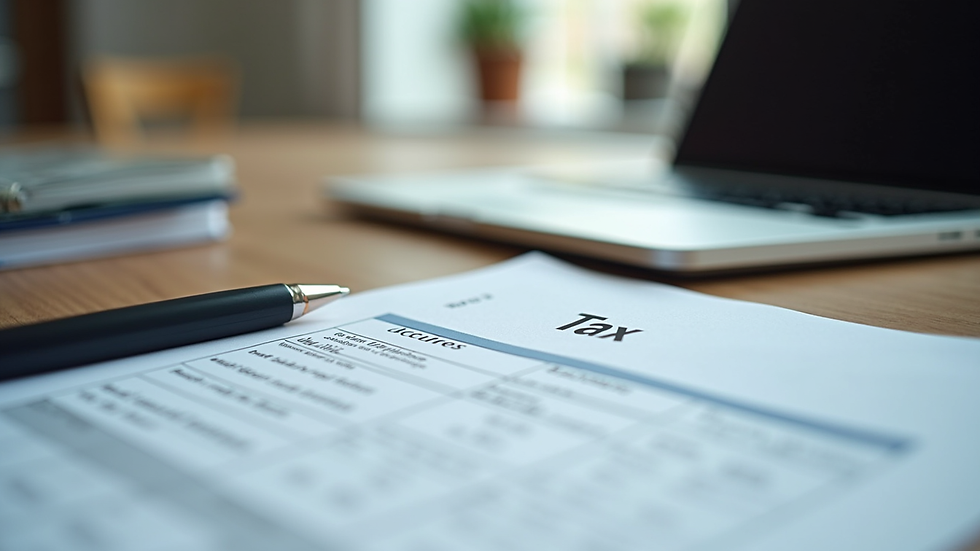 Close-up view of a tax advisor’s desk with a laptop and tax forms