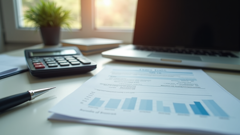 Eye-level view of a laptop on a desk with tax documents and a calculator