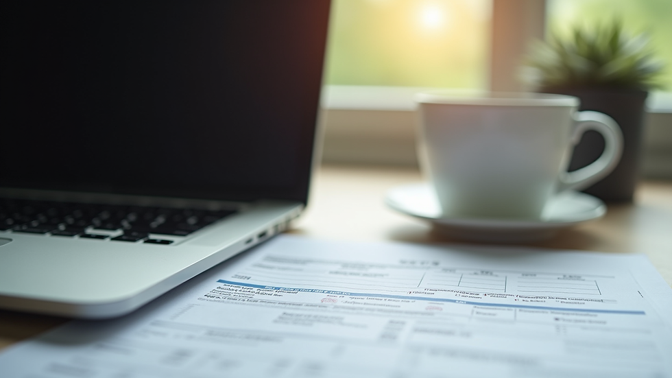 Close-up view of a home office desk with a laptop, tax forms, and a cup of coffee