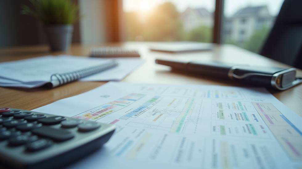 Eye-level view of a desk with tax documents and calculator