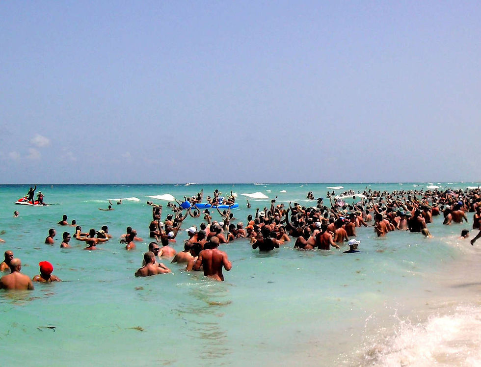 Wide angle view of a serene nude beach at sunset