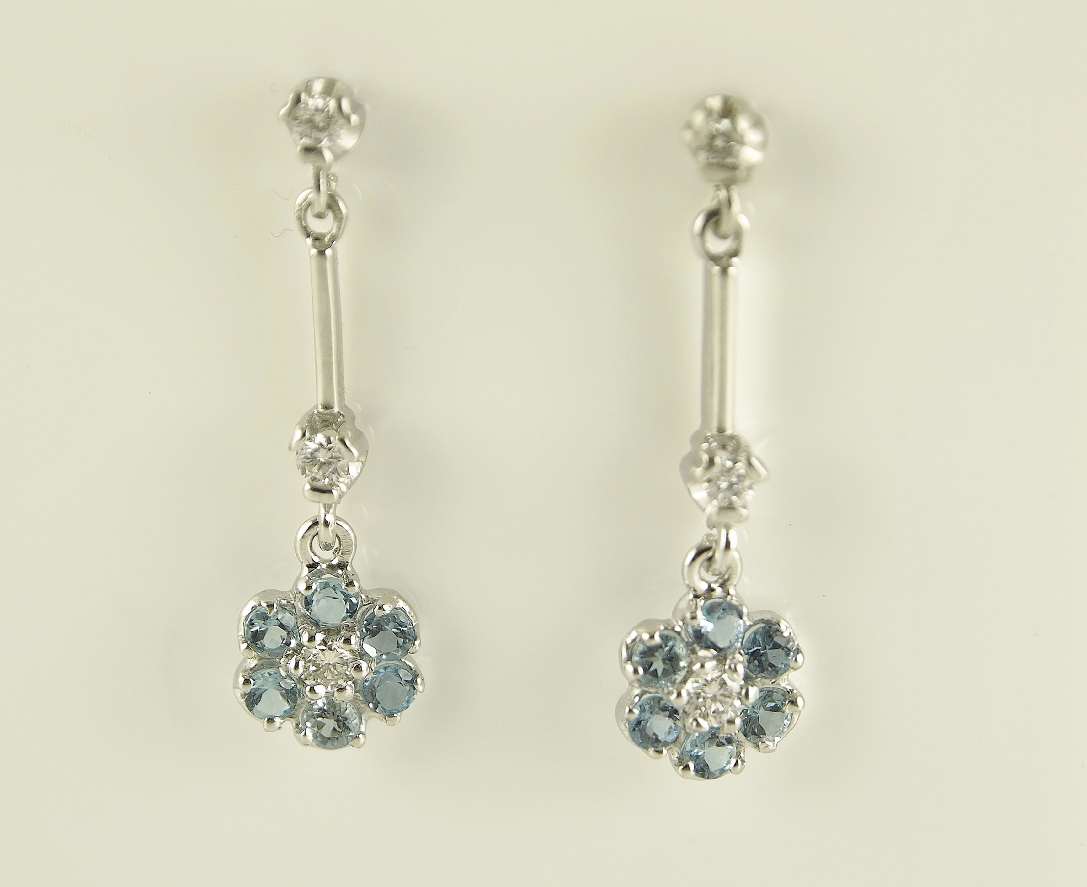 Diamond and auqamarine flowers drop earrings
