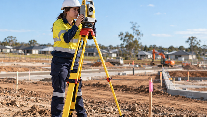 Surveyor using precision surveying equipment on an Australian construction and development site