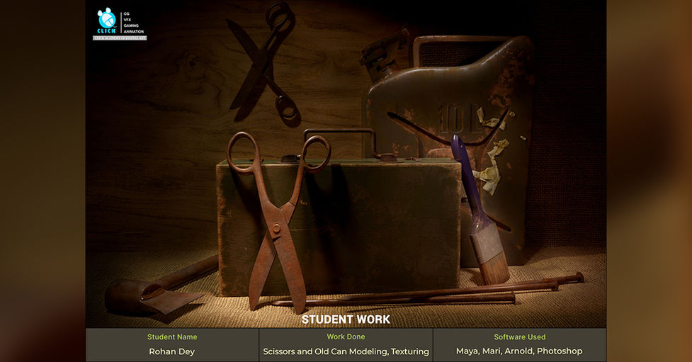 Student Name: Rohan Dey
Work Done: Still Life Scissors and Old Can Modeling Texturing
Software Used: Maya, Mari, Arnold, Photoshop