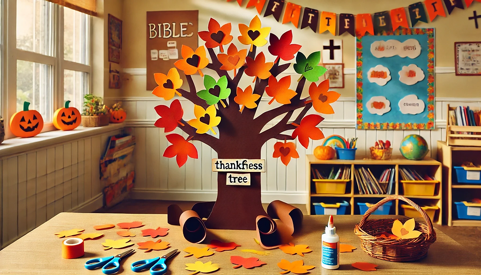 Thankfulness Tree classroom display with colorful paper leaves and craft supplies..