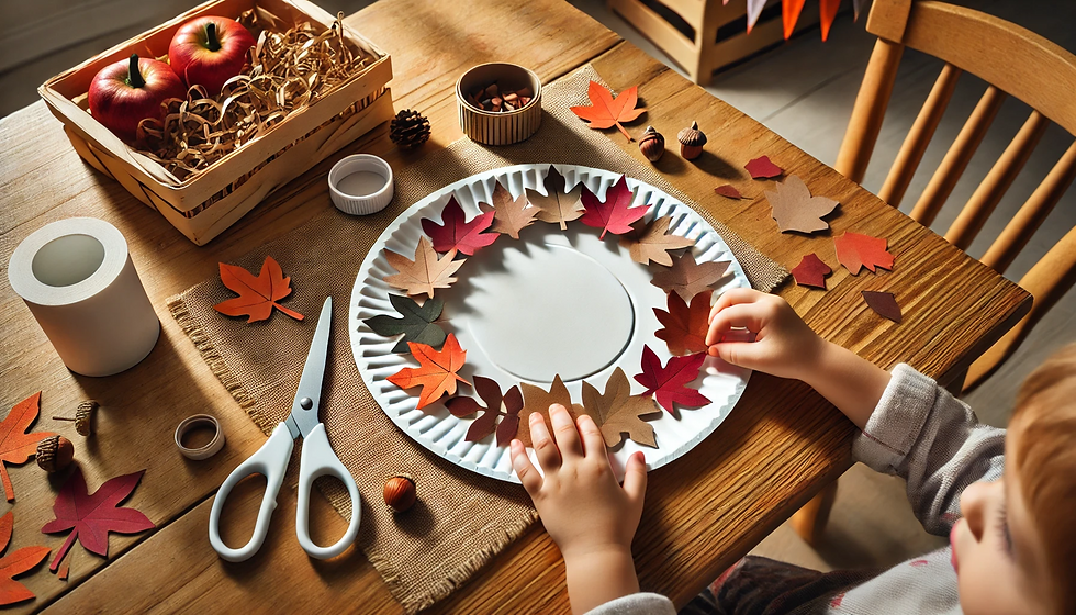 Preschool child gluing red and brown paper leaves onto a paper plate wreath, with scissors, extra cut-out leaves, and small fall decorations scattered on a wooden table in a cozy, autumn-themed classroom.