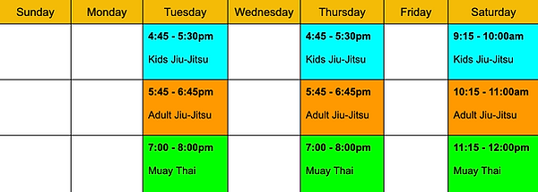 Calendar grid schedule highlighting kids and adult jiu-jitsu classes as well as Muay Thai classes three times a week.
