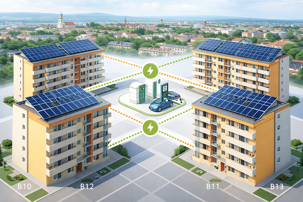 Perspectivă tehnică a blocurilor de locuințe B10 și B13 din Alba Iulia cu instalații fotovoltaice planificate.