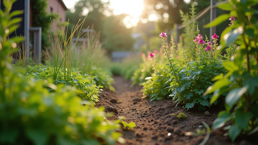 Eye-level view of a community garden flourishing with diverse plants