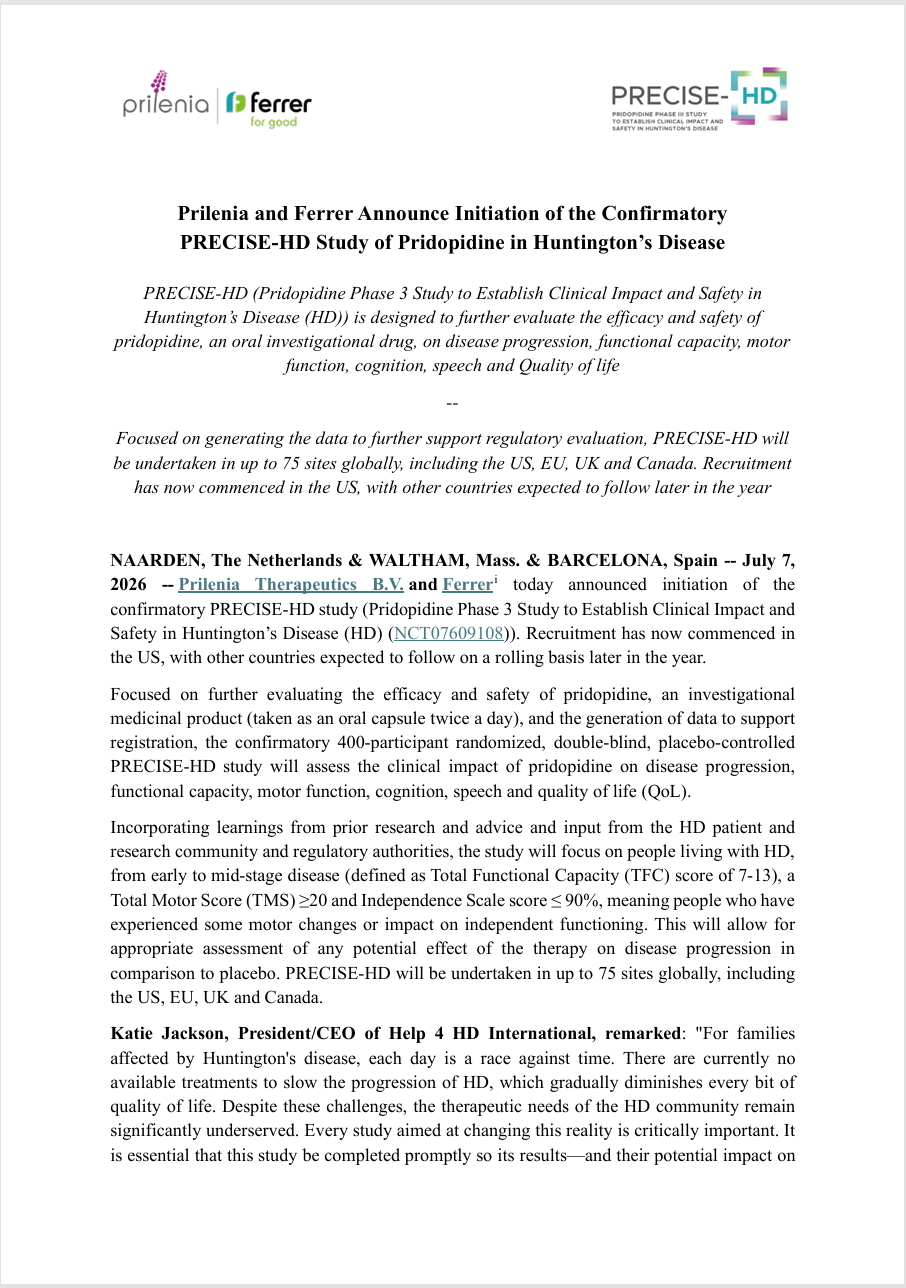 Prilenia and Ferrer Announce Initiation of the Confirmatory PRECISE-HD Study of Pridopidine in Huntington’s Disease