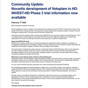 Community Update: Novartis development of Votoplam in HD: INVEST-HD Phase 3 trial information now available