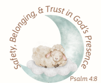 Psalm 4:8 Bedtime Blessings Guide. Designed for Boy or Girl. A lamb sleep on crescent moon. Safety, Belonging, & Trust in God’s Presence goes around the moon