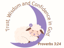 Proverbs 3:24 Bedtime Blessings Guide Image for Girls. A lamb sleep on crescent moon. Trust, Wisdom and Confidence in God goes around the moon