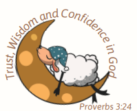 Proverbs 3:24 Bedtime Blessings Guide Image for Boys. A lamb sleep on crescent moon with a night cap. Trust, Wisdom and Confidence in God goes around the moon
